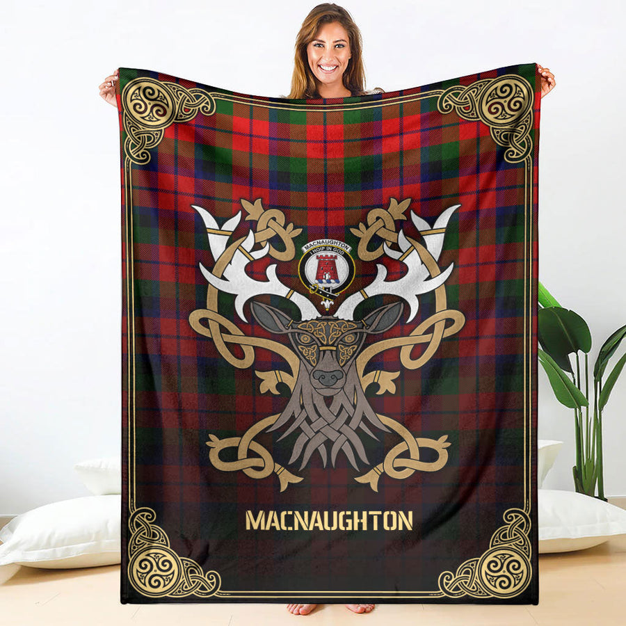 Clan MacNaughton Modern Tartan Crest Premium Blanket Celtic Stag Style OM87 Clan MacNaughton Tartan Today   