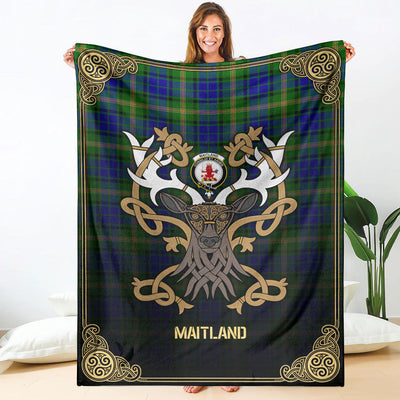 Clan Maitland Tartan Crest Premium Blanket Celtic Stag Style