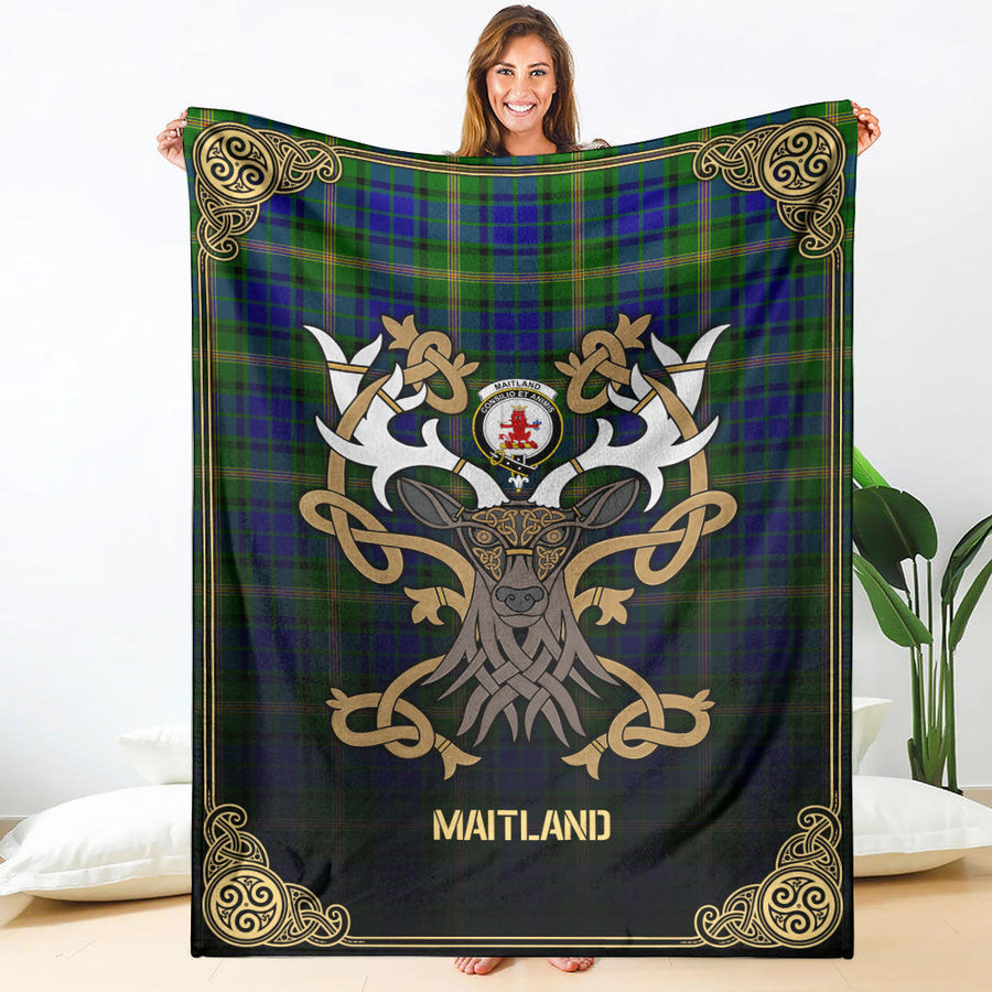 Clan Maitland Tartan Crest Premium Blanket Celtic Stag Style