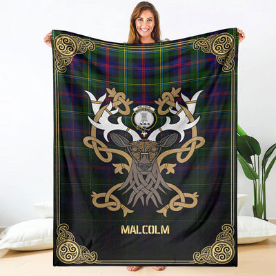 Clan Malcolm Tartan Crest Premium Blanket Celtic Stag Style