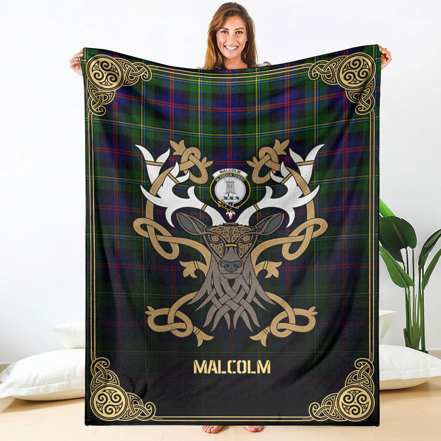 Clan Malcolm Tartan Crest Premium Blanket Celtic Stag Style