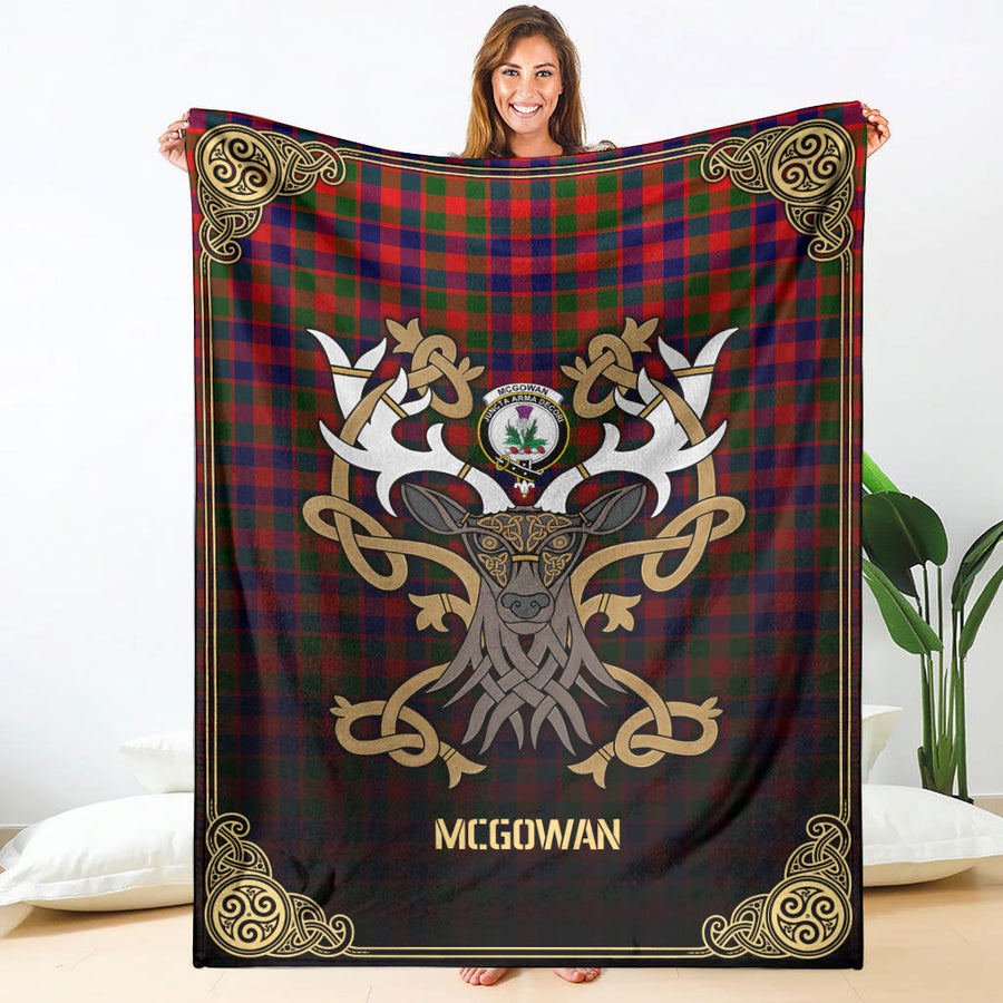 Clan McGowan Tartan Crest Premium Blanket Celtic Stag Style