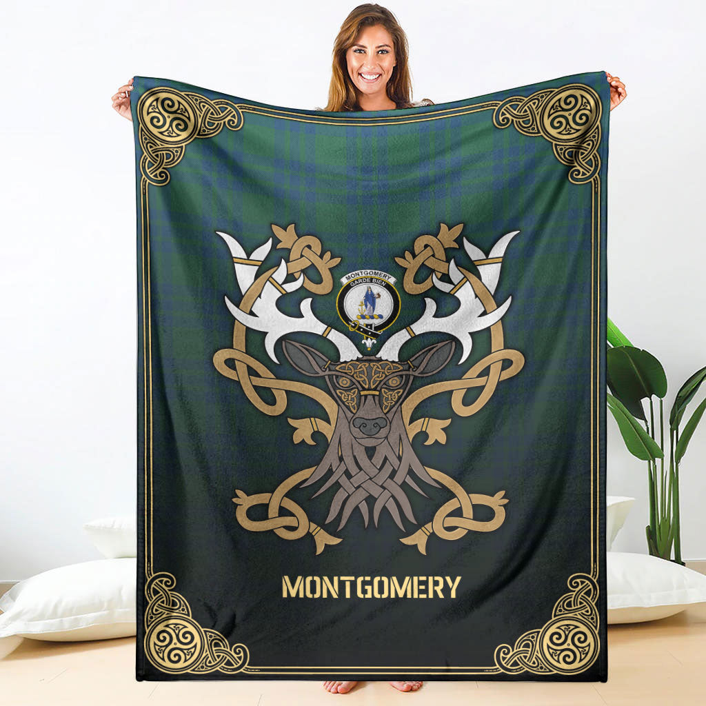 Clan Montgomery Ancient Tartan Crest Premium Blanket Celtic Stag Style FZ89 Clan Montgomery Tartan Today   