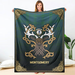 Clan Montgomery Ancient Tartan Crest Premium Blanket Celtic Stag Style FZ89 Clan Montgomery Tartan Today   