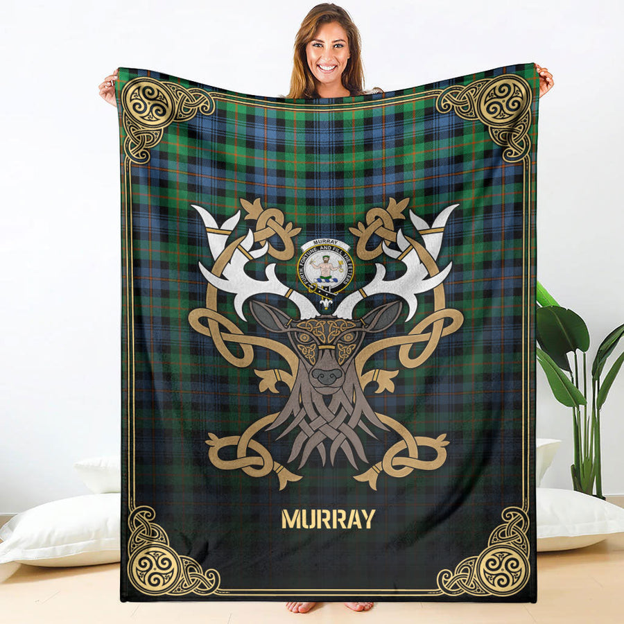 Clan Murray of Atholl Ancient Tartan Crest Premium Blanket Celtic Stag Style