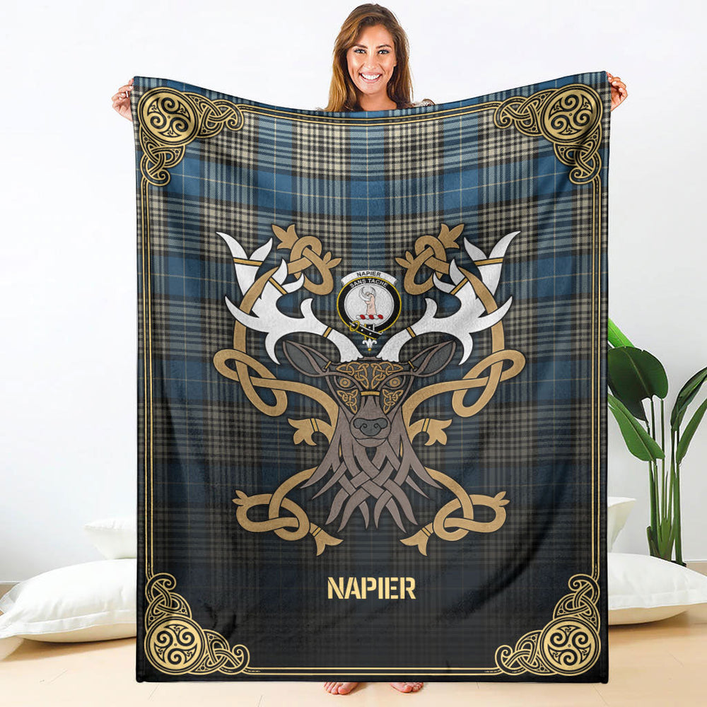 Clan Napier Ancient Tartan Crest Premium Blanket Celtic Stag Style HT16 Clan Napier Tartan Today   