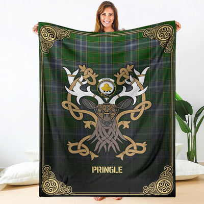 Clan Pringle Tartan Crest Premium Blanket Celtic Stag Style SZ37