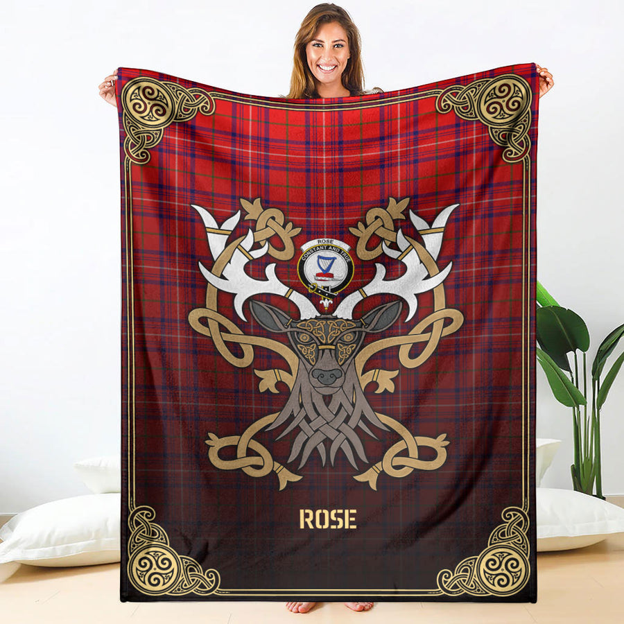 Clan Rose Modern Tartan Crest Premium Blanket Celtic Stag Style