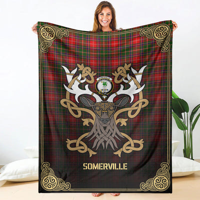Clan Somerville Tartan Crest Premium Blanket Celtic Stag Style RO96