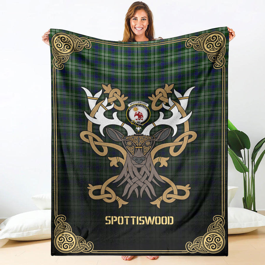 Clan Spottiswood Tartan Crest Premium Blanket Celtic Stag Style