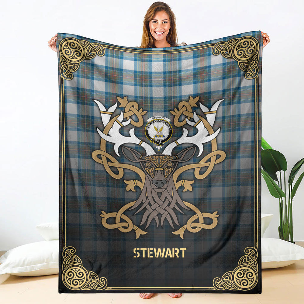 Clan Stewart Muted Blue Tartan Crest Premium Blanket Celtic Stag Style SV83 Clan Stewart Tartan Today   