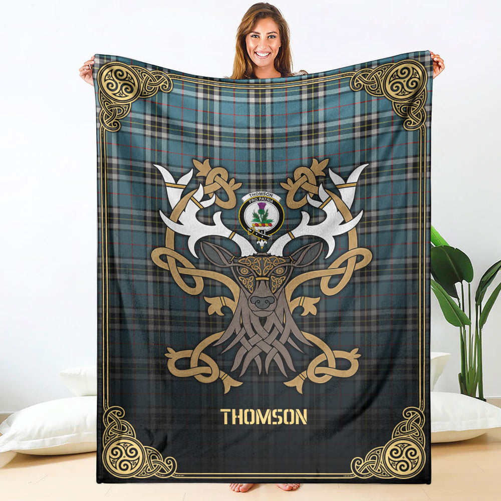Clan Thomson Blue Tartan Crest Premium Blanket Celtic Stag Style ZB13 Clan Thomson Tartan Today   