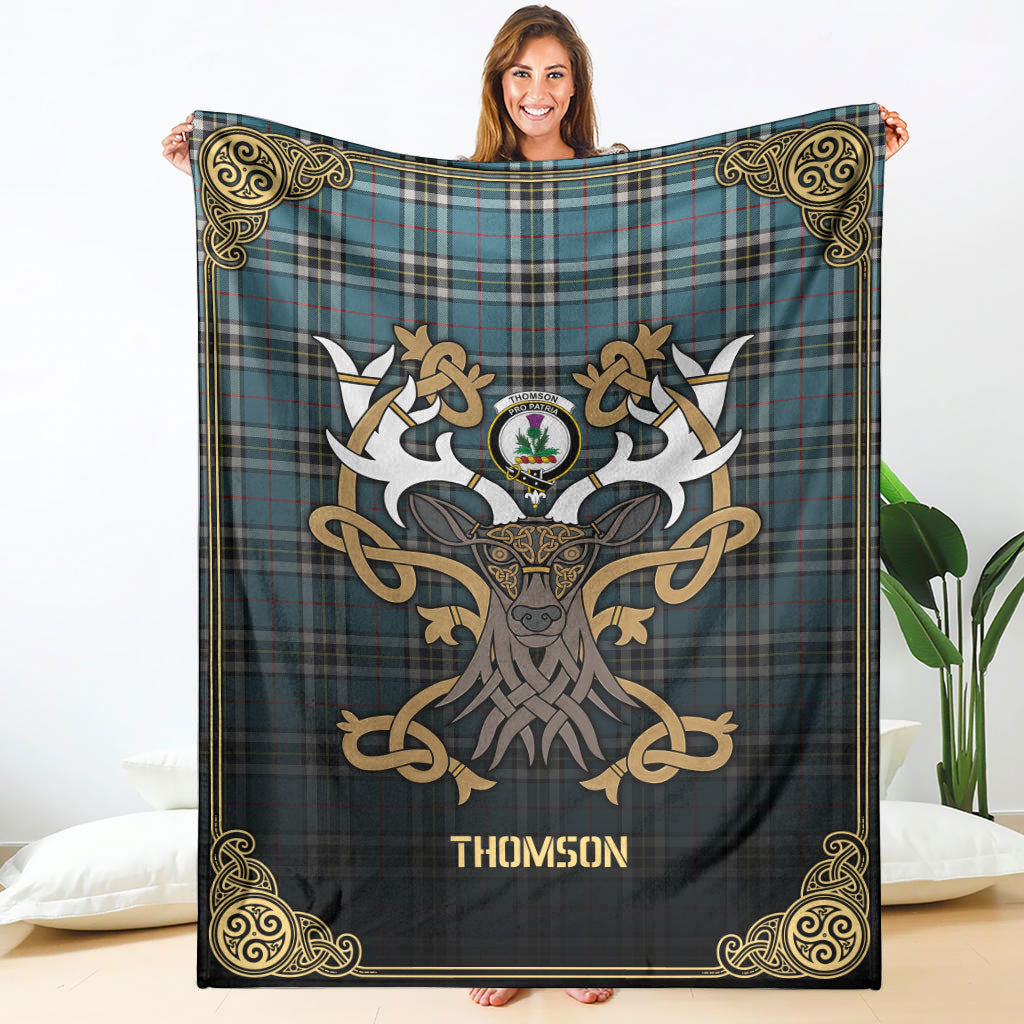 Clan Thomson Blue Tartan Crest Premium Blanket Celtic Stag Style ZB13 Clan Thomson Tartan Today   
