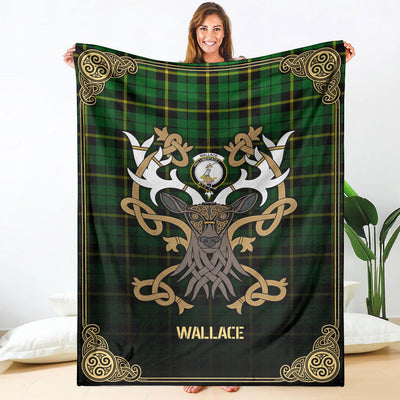 Clan Wallace Hunting Modern Tartan Crest Premium Blanket Celtic Stag Style
