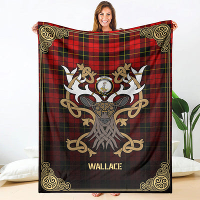 Clan Wallace Hunting Red Tartan Crest Premium Blanket Celtic Stag Style