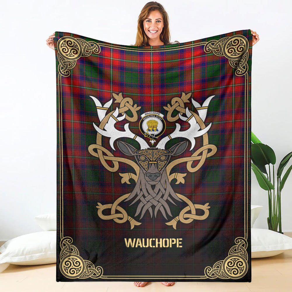 Clan Wauchope (or Waugh) Tartan Crest Premium Blanket Celtic Stag Style UV97 Clan Wauchope Tartan Today   