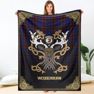 Clan Wedderburn Tartan Crest Premium Blanket Celtic Stag Style WN56