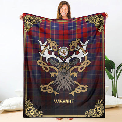 Clan Wishart Dress Tartan Crest Premium Blanket Celtic Stag Style IR85