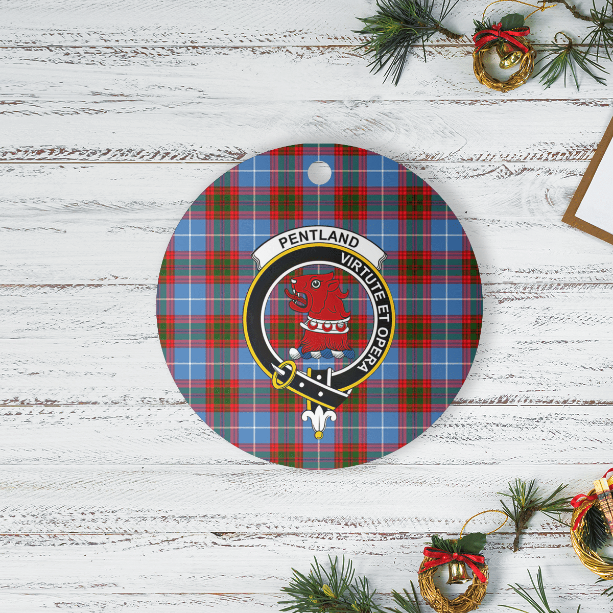 Clan Pentland (Edinburgh) Tartan Crest Round Ceramic Ornament GW35 Pentland (Edinburgh) Tartan Tartan Christmas   