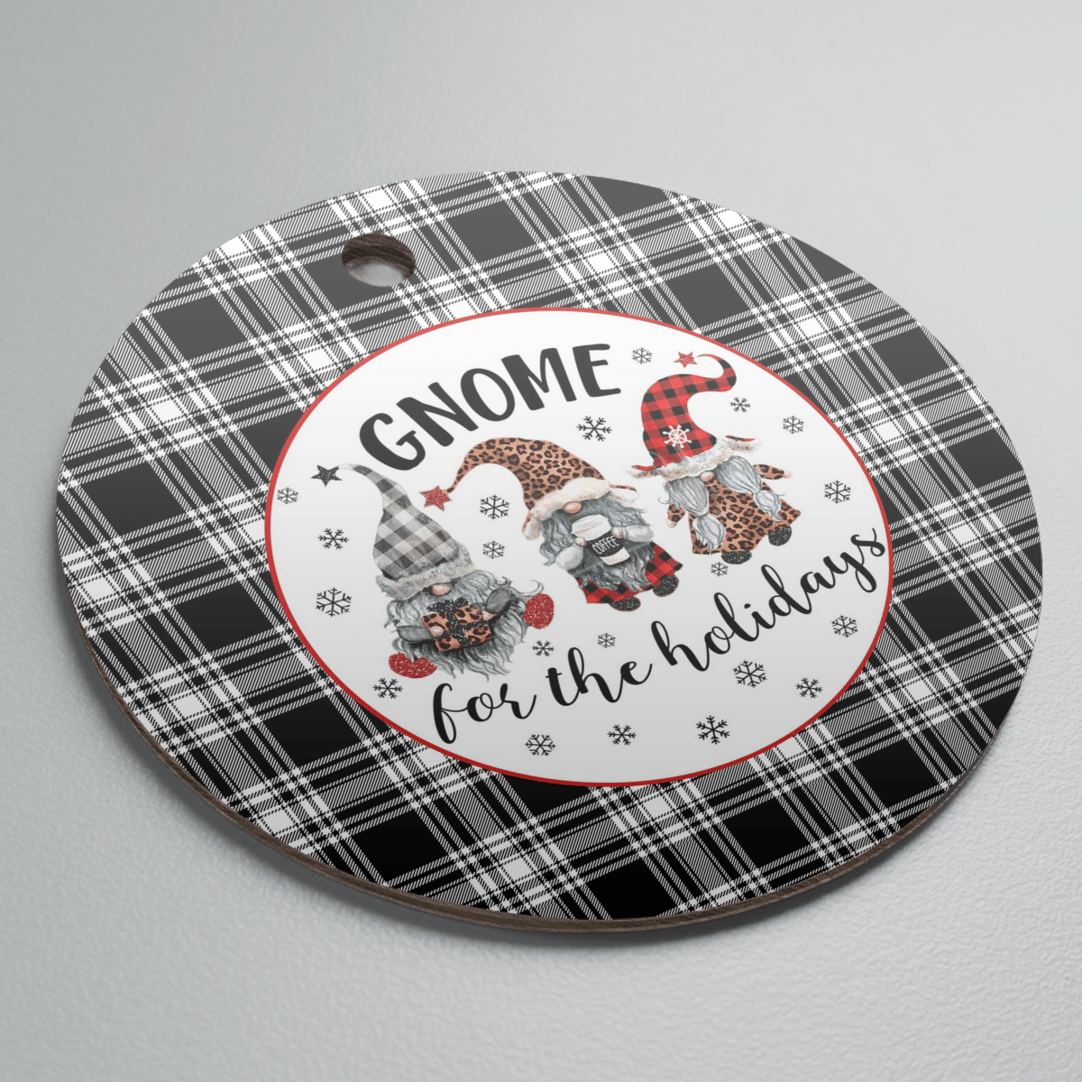 Clan Menzies Black & White Modern Tartan Tartan Crest Gnome Round Ceramic Ornament ZG10 Menzies Black & White Modern Tartan Tartan Christmas   