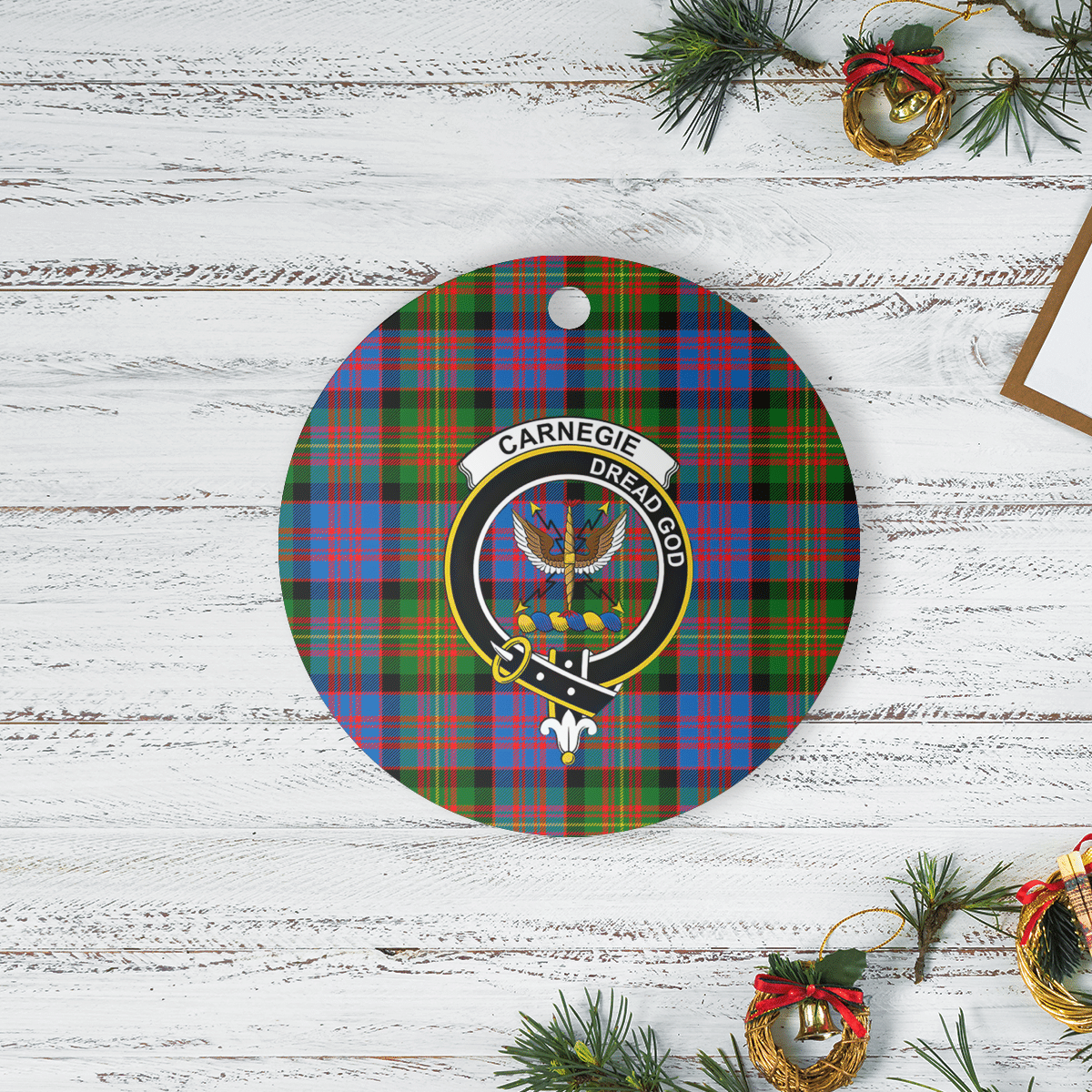 Clan Carnegie Ancient Tartan Crest Round Ceramic Ornament BO59 Carnegie Ancient Tartan Tartan Christmas   