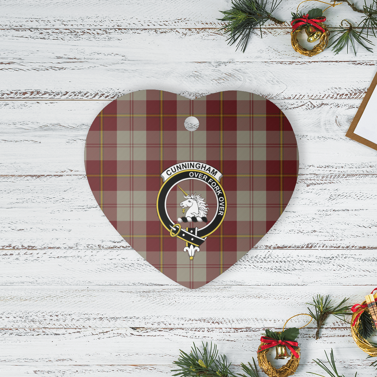 Clan Cunningham Burgundy Dancers Tartan Crest Heart Ceramic Ornament LY51 Cunningham Burgundy Dancers Tartan Tartan Christmas   