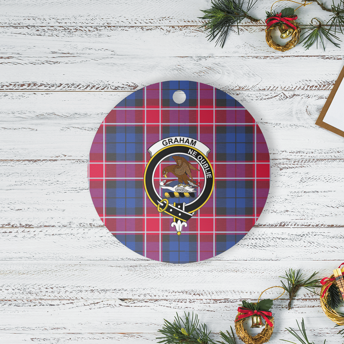 Clan Graham of Menteith Red Tartan Crest Round Ceramic Ornament XL40 Graham of Menteith Red Tartan Tartan Christmas   