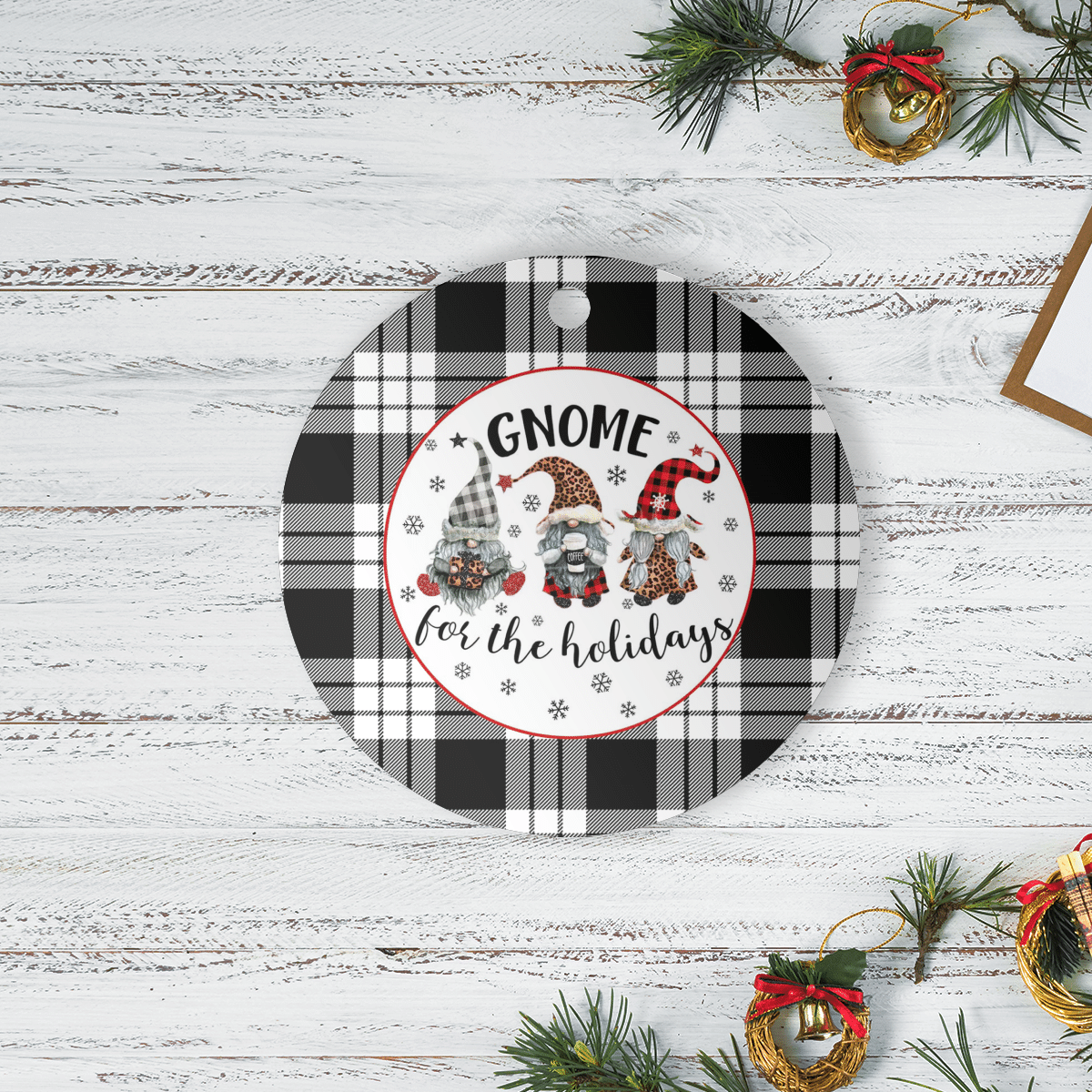 Clan MacFarlane Black & White Tartan Tartan Crest Gnome Round Ceramic Ornament ML87 MacFarlane Black & White Tartan Tartan Christmas   