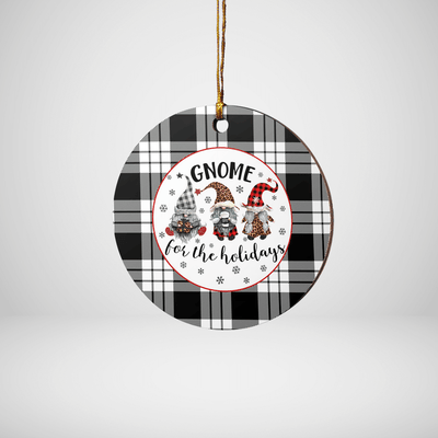 Clan MacFarlane Black & White Tartan Tartan Crest Gnome Round Ceramic Ornament