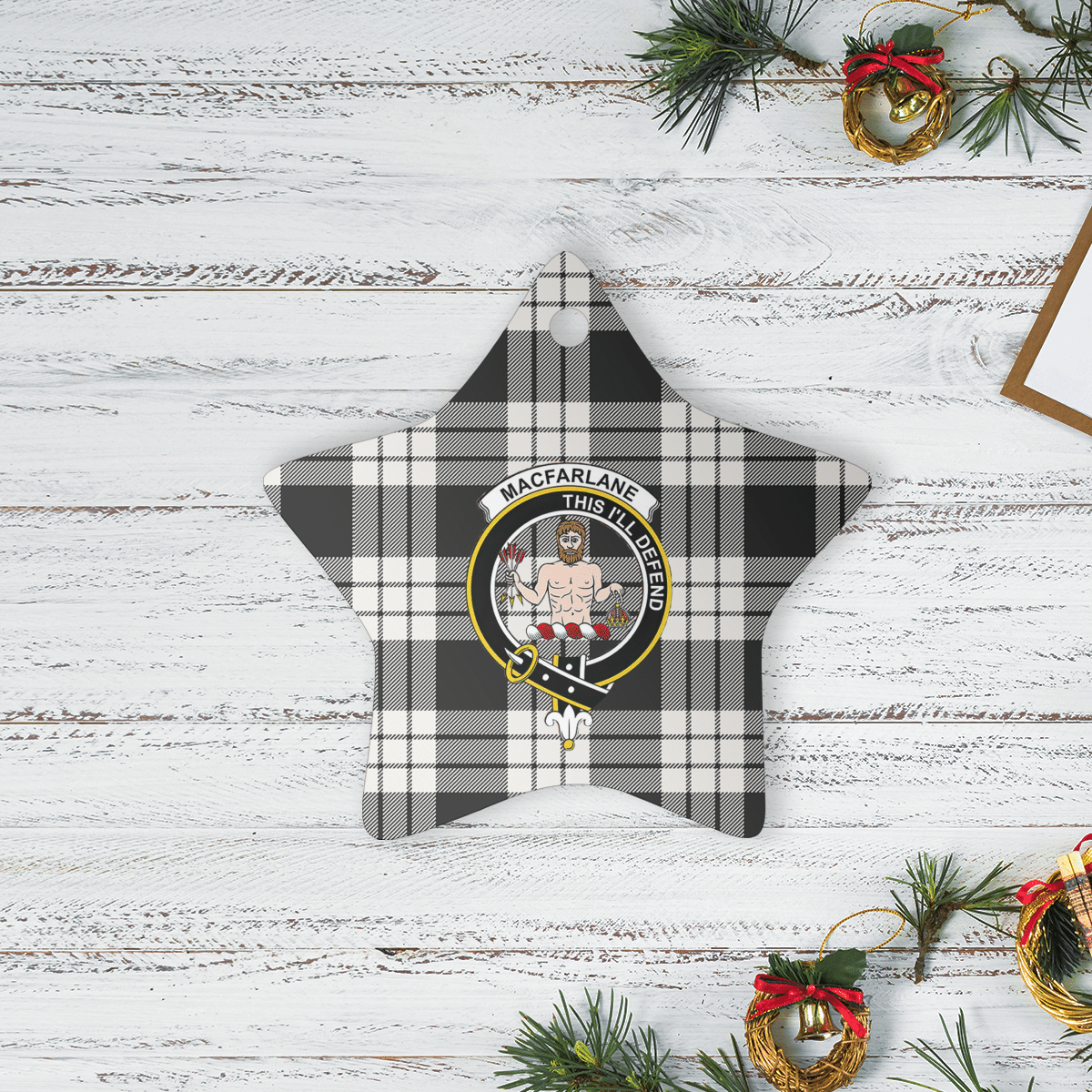 Clan MacFarlane Black & White Ancient Tartan Crest Star Ceramic Ornament WF44 MacFarlane Black & White Ancient Tartan Tartan Christmas   