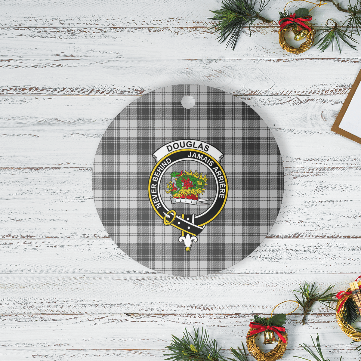Clan Douglas Grey Modern Tartan Crest Round Ceramic Ornament PX14 Douglas Grey Modern Tartan Tartan Christmas   