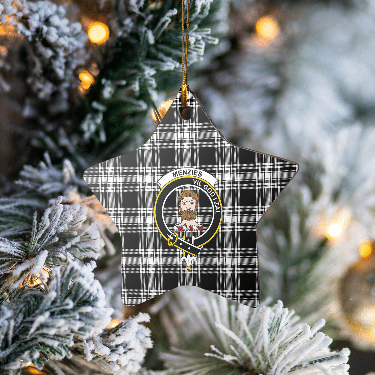Clan Menzies Black & White Modern Tartan Crest Star Ceramic Ornament EN83 Menzies Black & White Modern Tartan Tartan Christmas   