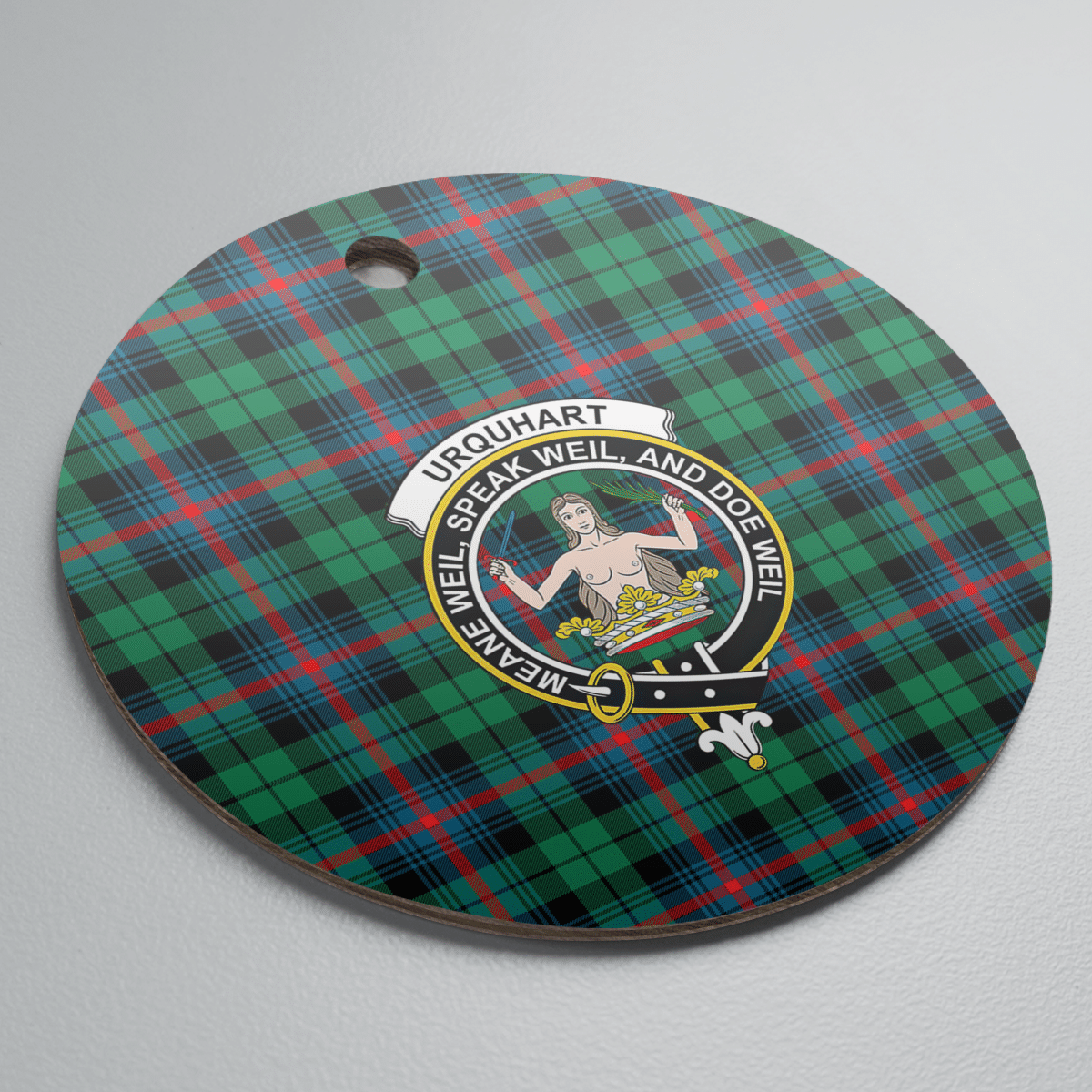 Clan Urquhart Broad Red Ancient Tartan Crest Round Ceramic Ornament FZ40 Urquhart Broad Red Ancient Tartan Tartan Christmas   