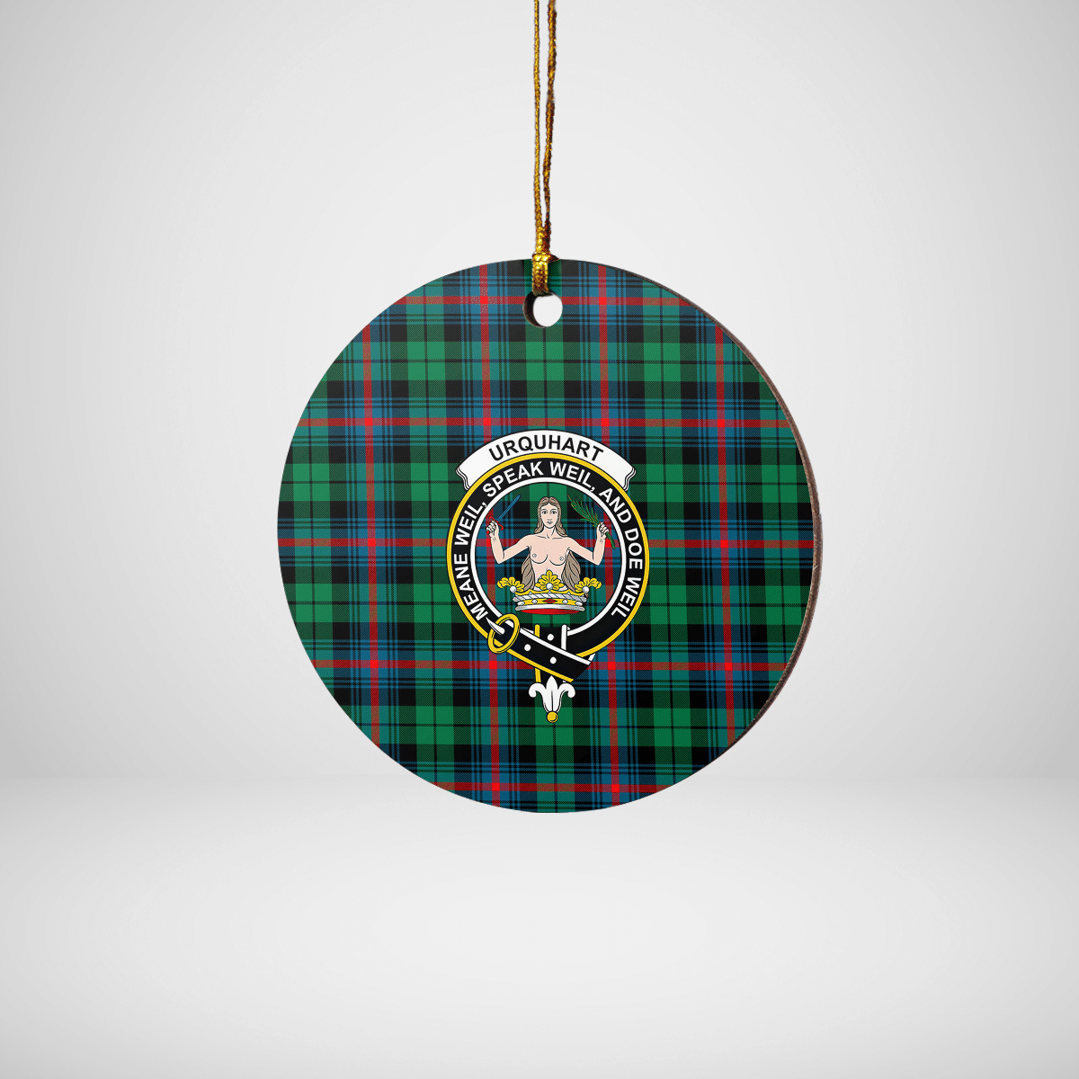 Clan Urquhart Broad Red Ancient Tartan Crest Round Ceramic Ornament FZ40 Urquhart Broad Red Ancient Tartan Tartan Christmas   