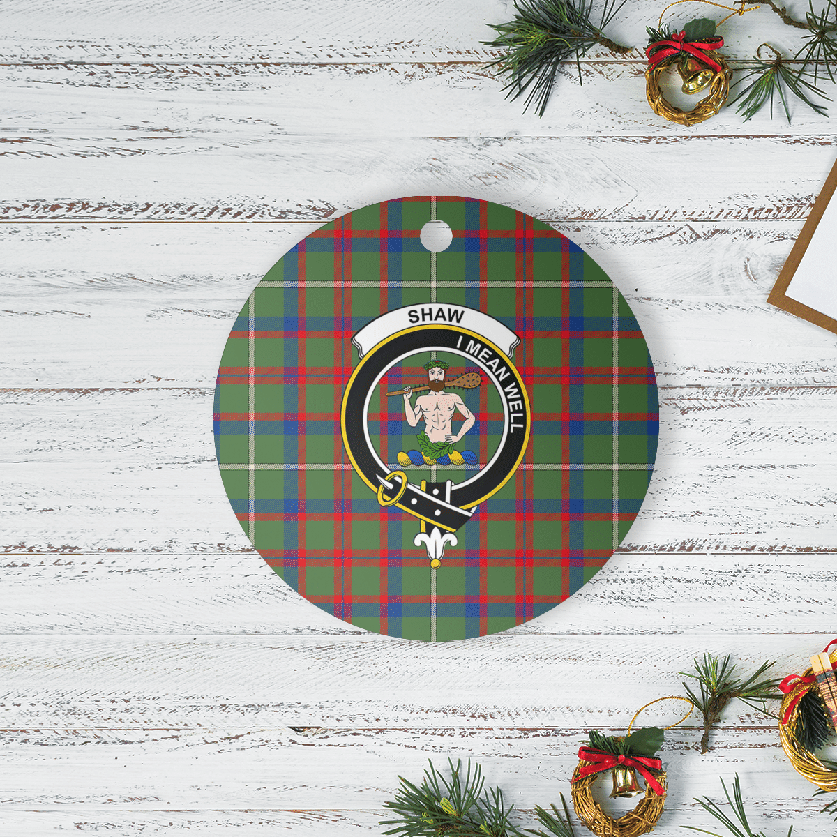 Clan Shaw Green Modern Tartan Crest Round Ceramic Ornament VT84 Shaw Green Modern Tartan Tartan Christmas   