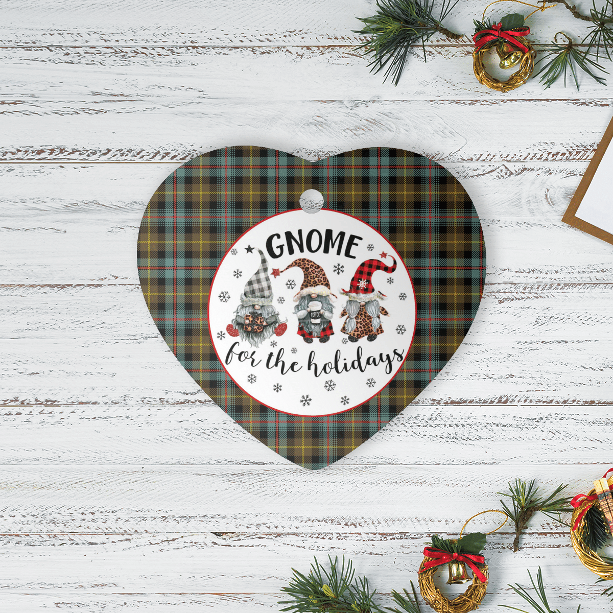 Clan Farquharson Weathered  Tartan Tartan Crest Gnome Heart Ceramic Ornament EK63 Farquharson Weathered Tartan Tartan Christmas   