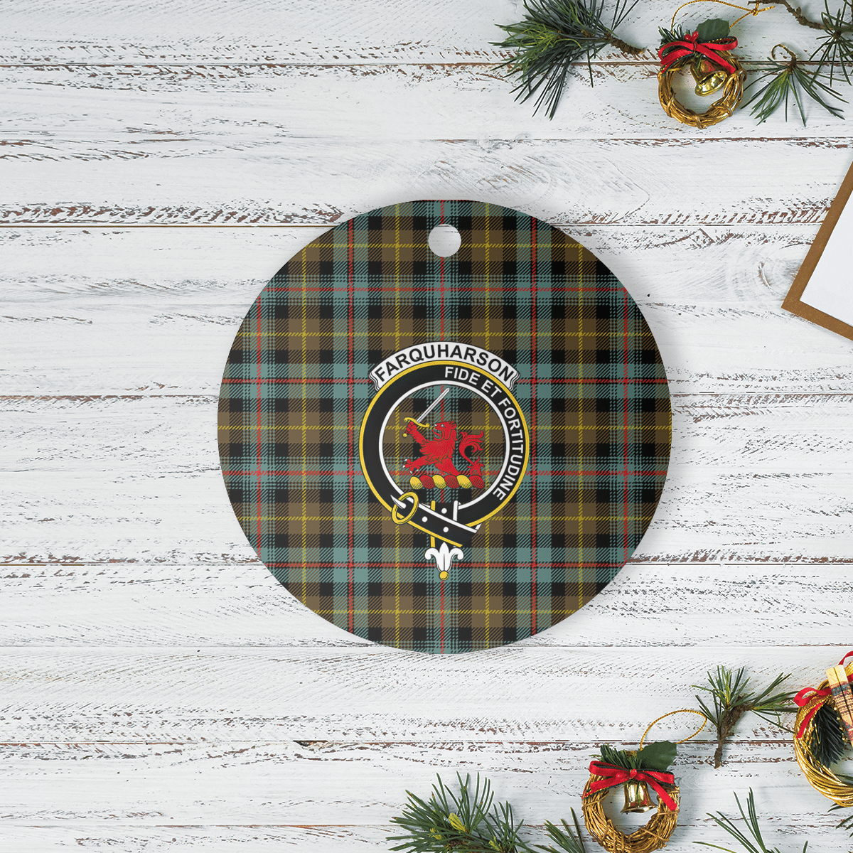 Clan Farquharson Weathered Tartan Crest Round Ceramic Ornament MV21 Farquharson Weathered Tartan Tartan Christmas   