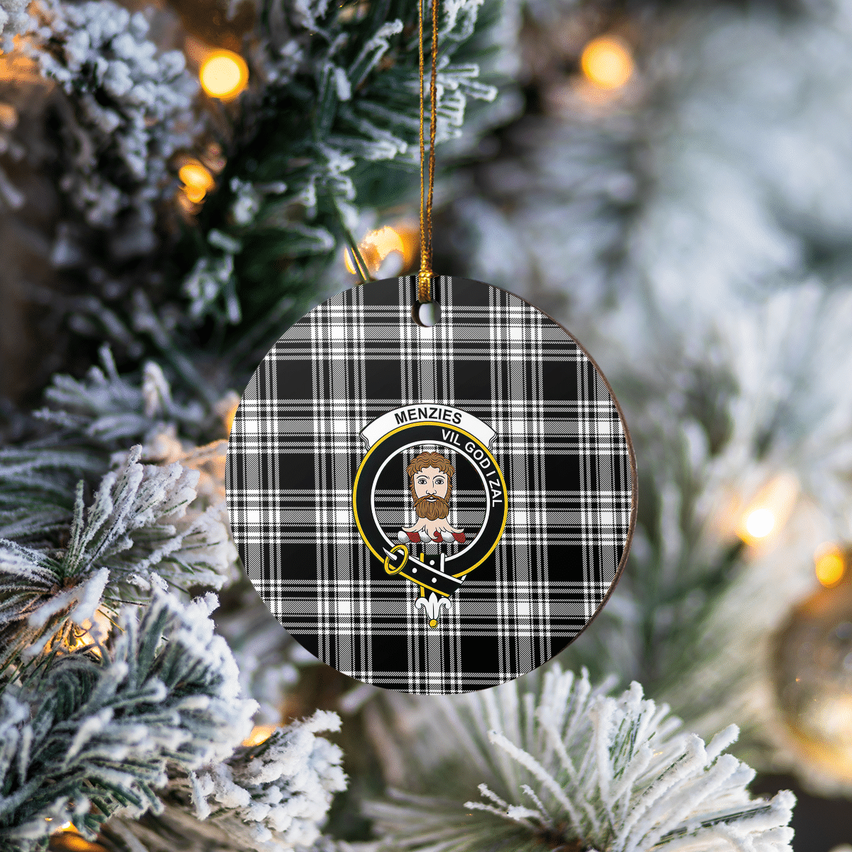 Clan Menzies Black & White Modern Tartan Crest Round Ceramic Ornament WV37 Menzies Black & White Modern Tartan Tartan Christmas   