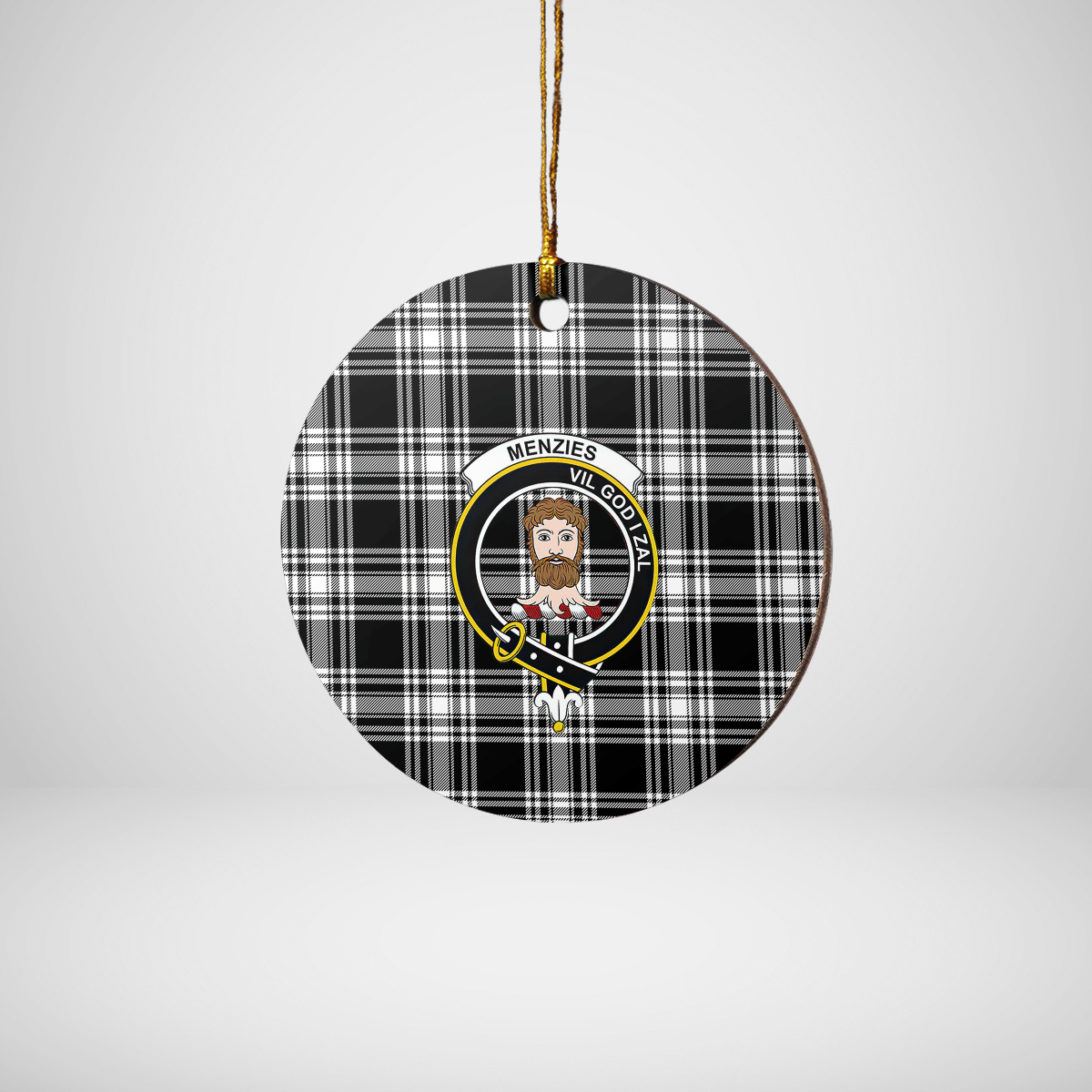 Clan Menzies Black & White Modern Tartan Crest Round Ceramic Ornament WV37 Menzies Black & White Modern Tartan Tartan Christmas   