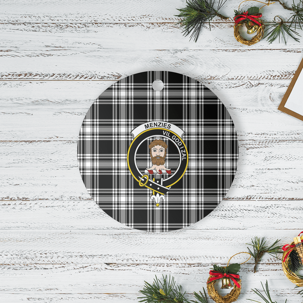 Clan Menzies Black & White Modern Tartan Crest Round Ceramic Ornament WV37 Menzies Black & White Modern Tartan Tartan Christmas   