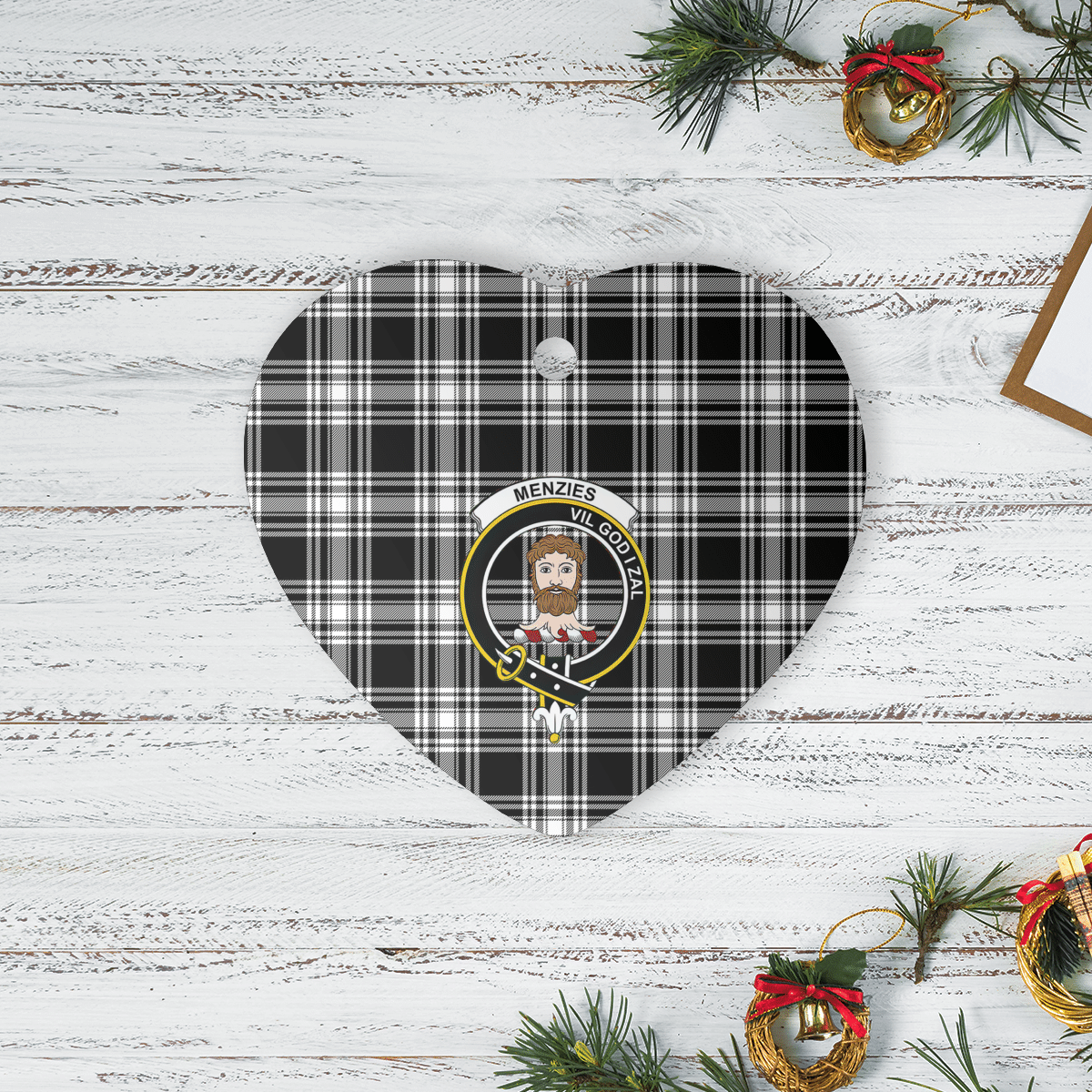 Clan Menzies Black & White Modern Tartan Crest Heart Ceramic Ornament MR84 Menzies Black & White Modern Tartan Tartan Christmas   