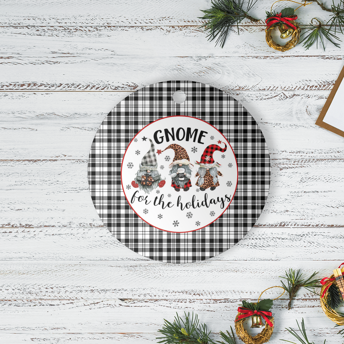 Clan Scott Black & White Modern Tartan Tartan Crest Gnome Round Ceramic Ornament XA13 Scott Black & White Modern Tartan Tartan Christmas   