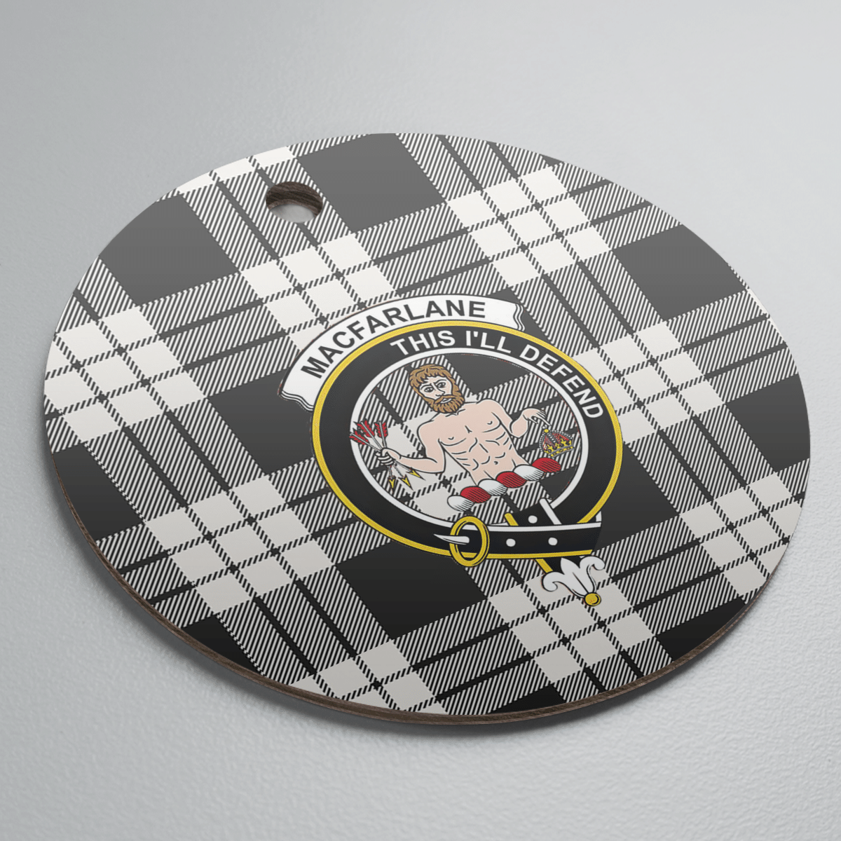 Clan MacFarlane Black & White Ancient Tartan Crest Round Ceramic Ornament ER46 MacFarlane Black & White Ancient Tartan Tartan Christmas   