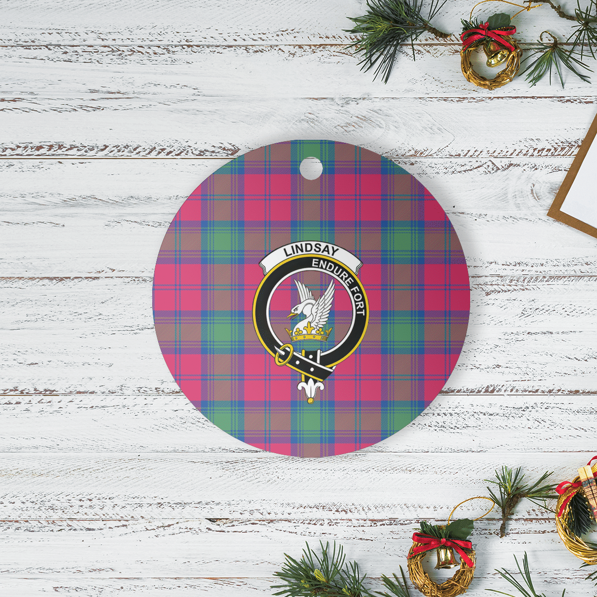 Clan Lindsay Ancient Tartan Crest Round Ceramic Ornament AE17 Lindsay Ancient Tartan Tartan Christmas   