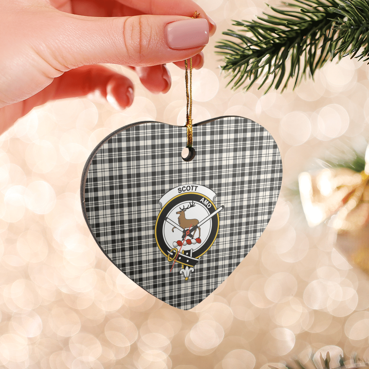 Clan Scott Black & White Ancient Tartan Crest Heart Ceramic Ornament RV29 Scott Black & White Ancient Tartan Tartan Christmas   