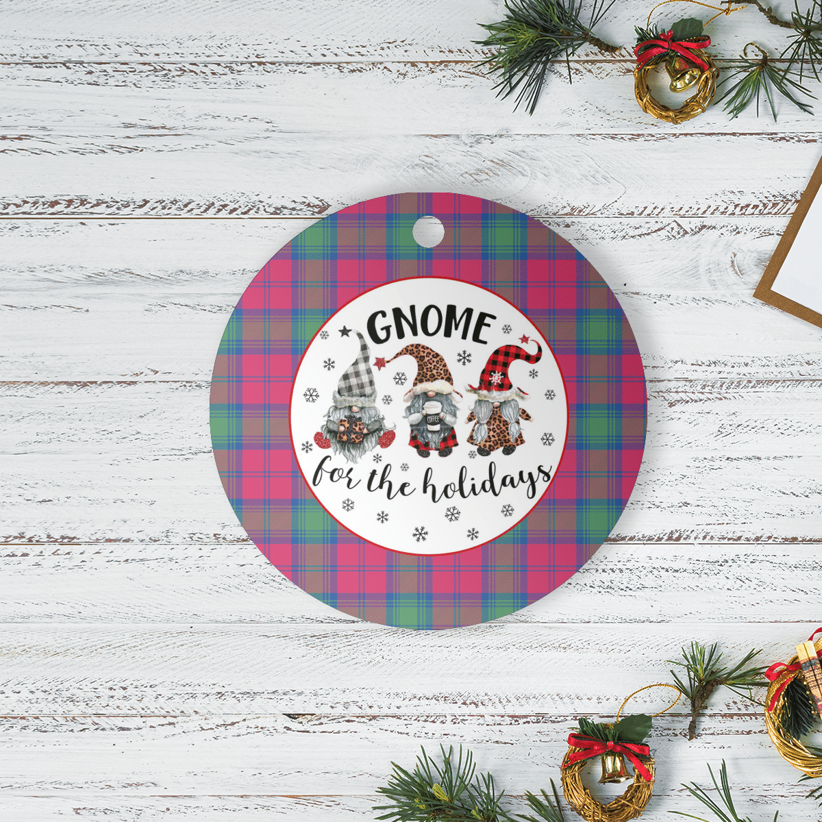 Clan Lindsay Ancient Tartan Tartan Crest Gnome Round Ceramic Ornament QG81 Lindsay Ancient Tartan Tartan Christmas   