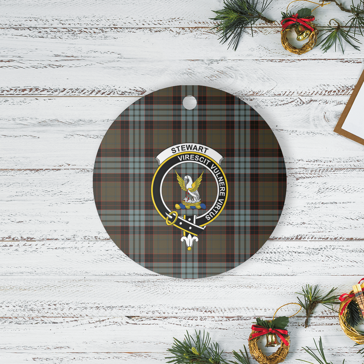 Clan Stewart Old Weathered Tartan Crest Round Ceramic Ornament BJ68 Stewart Old Weathered Tartan Tartan Christmas   