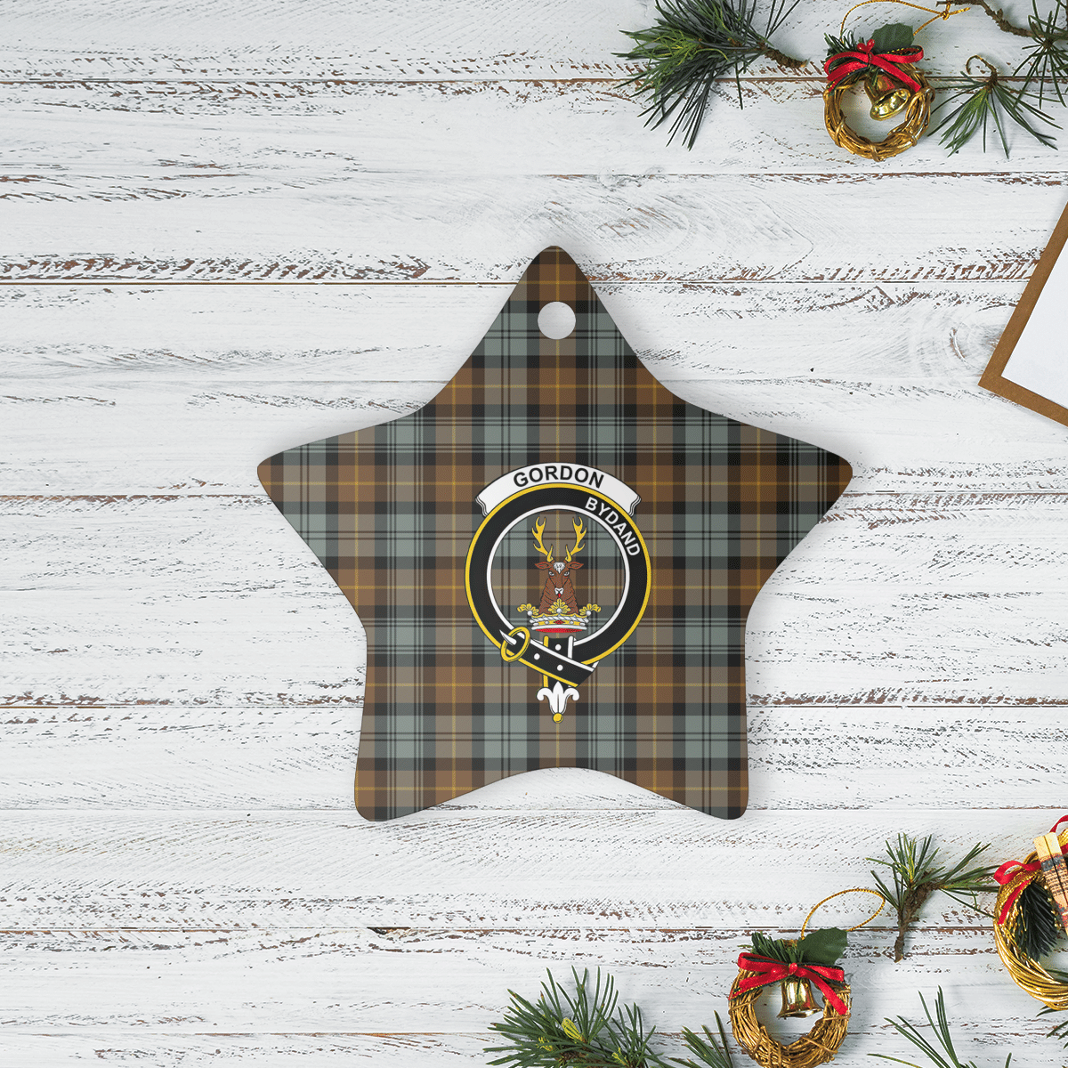 Clan Gordon Weathered Tartan Crest Star Ceramic Ornament EM37 Gordon Weathered Tartan Tartan Christmas   