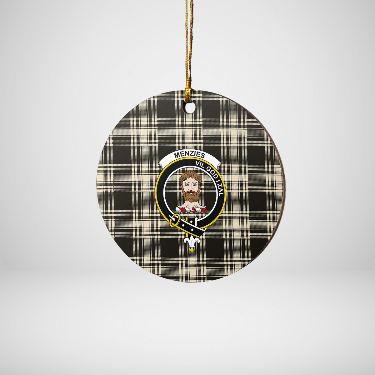Clan Menzies Black & White Ancient Tartan Crest Round Ceramic Ornament DR46 Menzies Black & White Ancient Tartan Tartan Christmas   