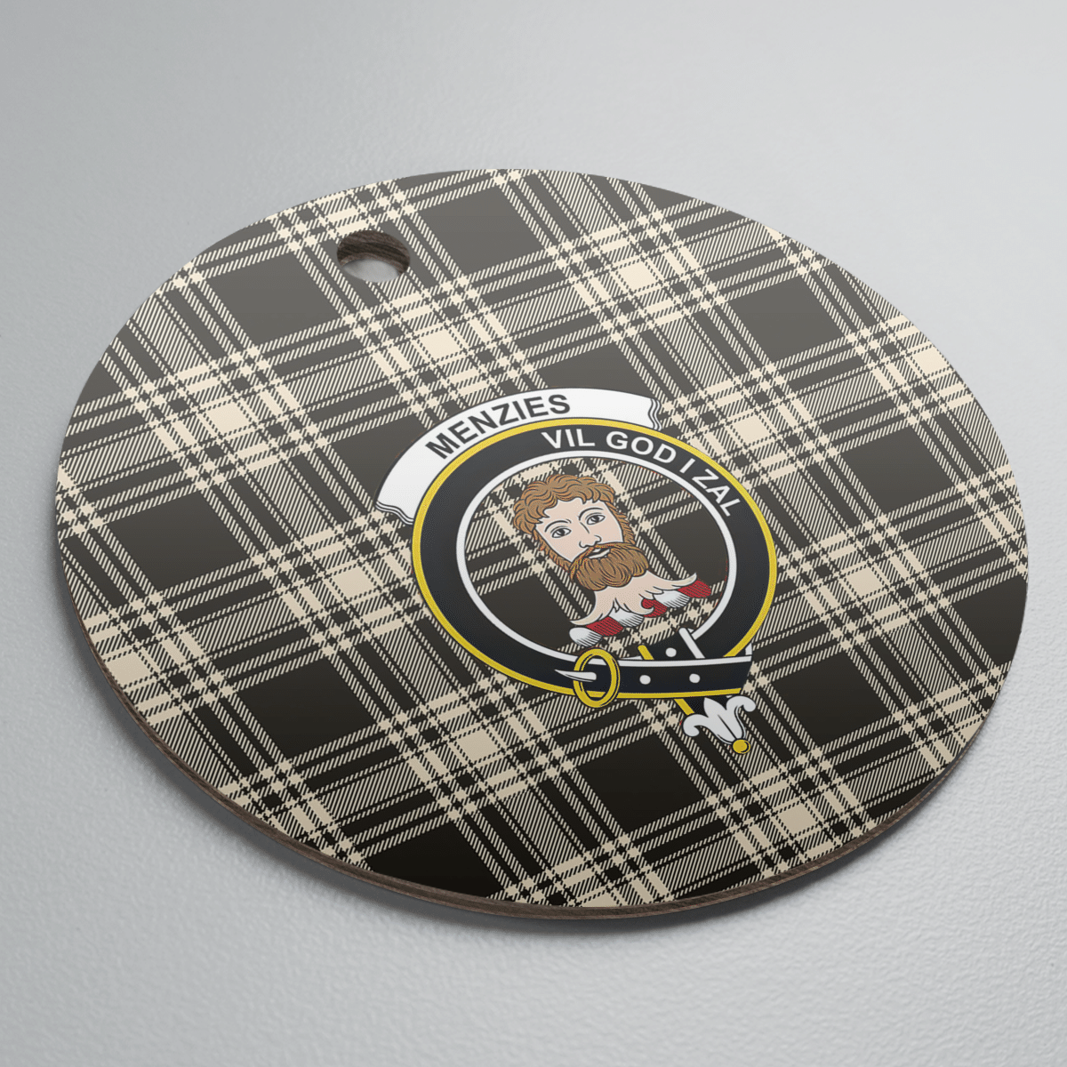 Clan Menzies Black & White Ancient Tartan Crest Round Ceramic Ornament DR46 Menzies Black & White Ancient Tartan Tartan Christmas   